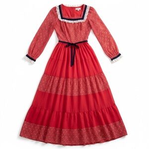 VTG 70s YOUR'S Red Pioneer Lace Gauzy Cotton Maxi Western Day Dress XS / S